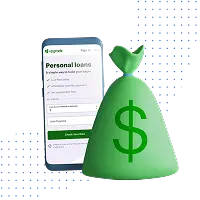 Phone displaying personal loans next to a bag of money