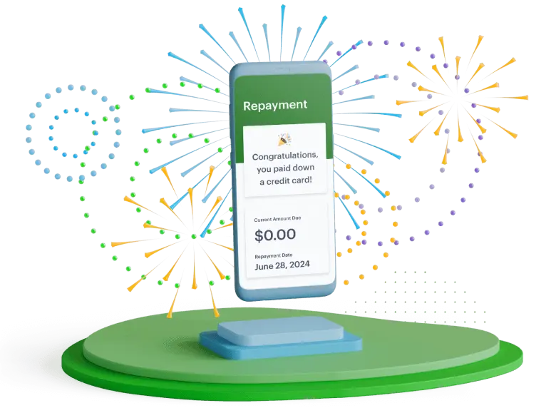 Fireworks and a phone displaying zero dollars due on a loan