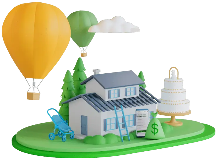 House with hot air balloons and a wedding cake