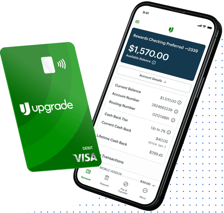 Upgrade debit card next to phone displaying Upgrade app