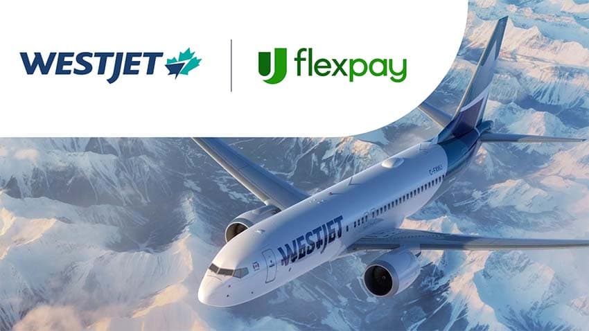 Westjet logo and Upgrade logo on top of an image of an airplane in the sky